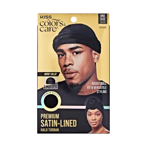 KISS Colors & Care Premium Satin-Lined Halo Turban & 2 Wave Cap, Black