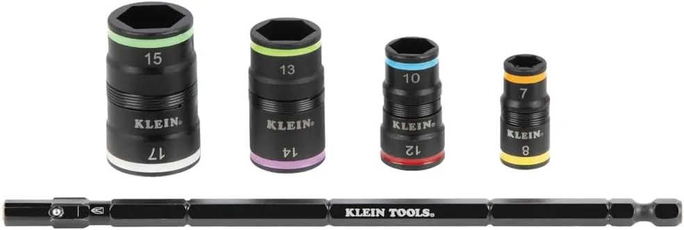 Klein Tools 32934M Impact Driver, 8-in-1 Metric Socket Set, 4 Flip Sockets with 7, 8, 10, 12, 13, 14, 15 and 17mm Nut Driver Sizes, Impact Rated 6-1/2-Inch Shaft