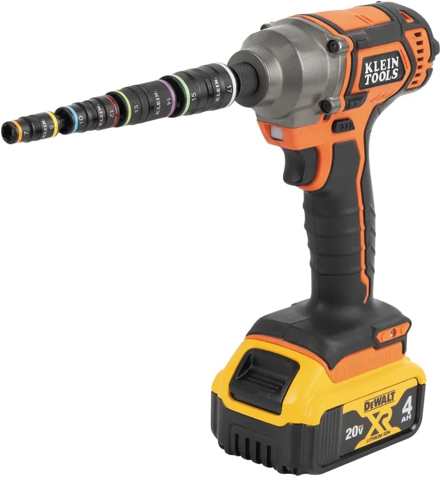 Klein Tools 32934M Impact Driver, 8-in-1 Metric Socket Set, 4 Flip Sockets with 7, 8, 10, 12, 13, 14, 15 and 17mm Nut Driver Sizes, Impact Rated 6-1/2-Inch Shaft