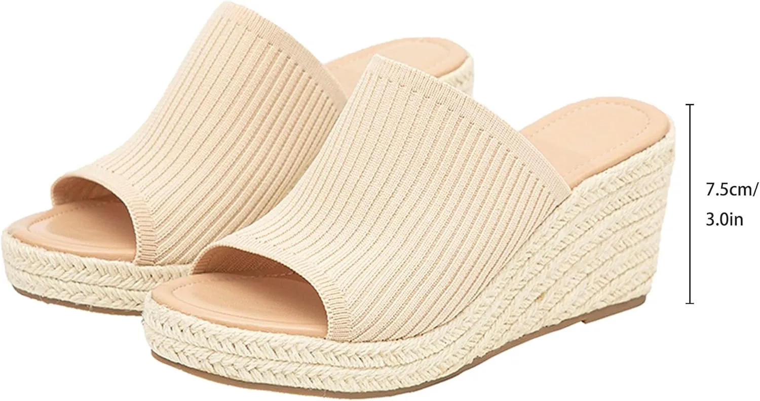 Knit Platform Sandals, Comfortable Slip On Slide Sandals, Square Open Toe Wedge for Women Summer Beach Casual Outdoor Dress Platform Sandals
