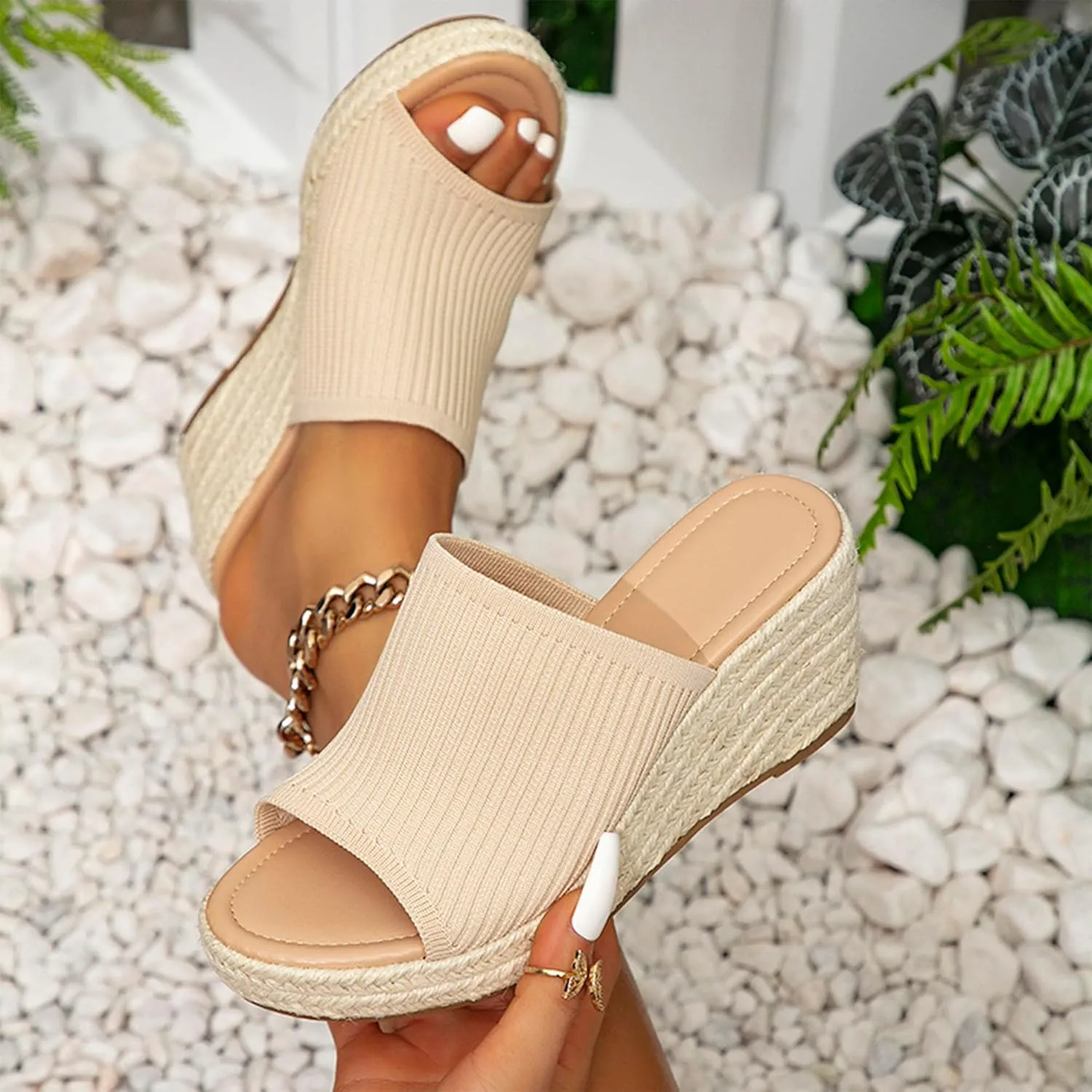 Knit Platform Sandals, Comfortable Slip On Slide Sandals, Square Open Toe Wedge for Women Summer Beach Casual Outdoor Dress Platform Sandals