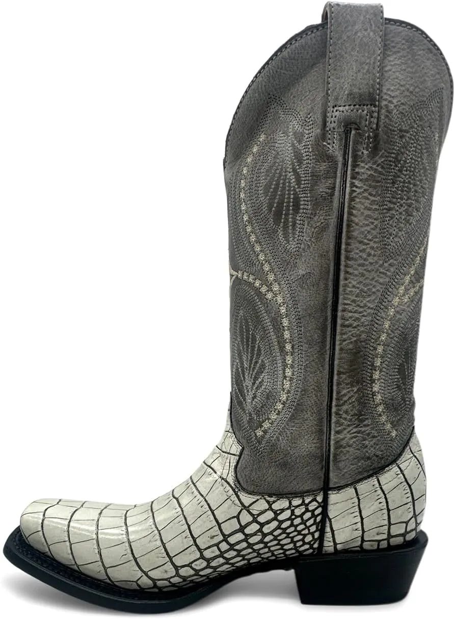 Leather Women's Square Toe Embossed Crocodile Alliagtor Print Boot