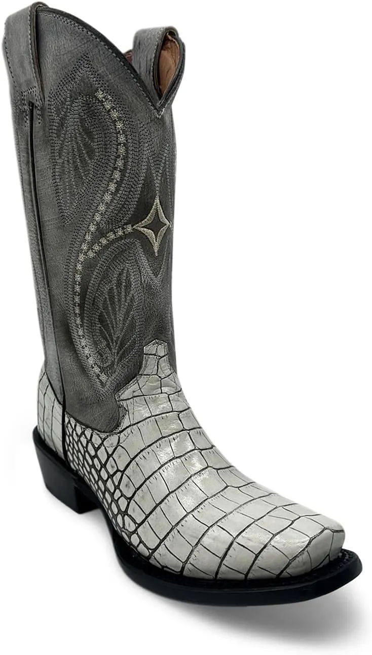 Leather Women's Square Toe Embossed Crocodile Alliagtor Print Boot