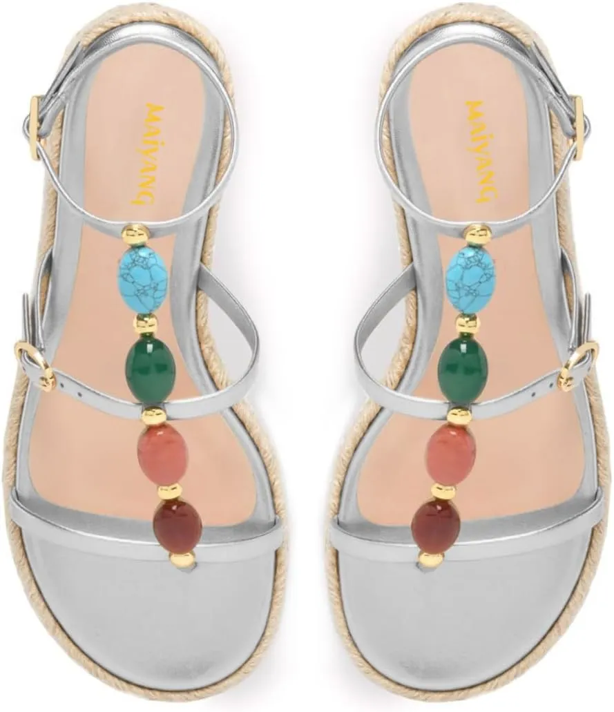 Maiyang Women Charming Jewelled T-Strap Espadrille Platform Sandals Open Toe Buckled Summer Beach Daily Casual Shoes Size 4-16 US