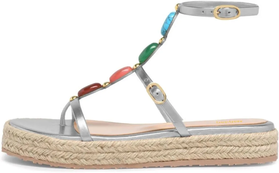 Maiyang Women Charming Jewelled T-Strap Espadrille Platform Sandals Open Toe Buckled Summer Beach Daily Casual Shoes Size 4-16 US