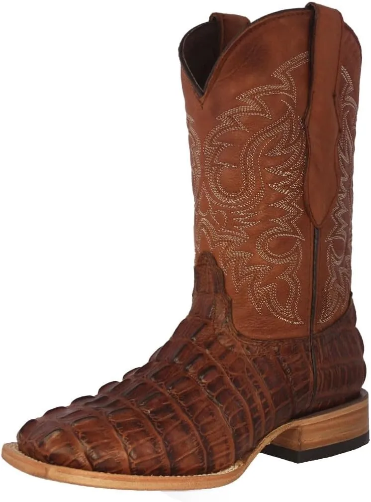Mens Cognac Western Leather Cowboy Boot Crocodile Tail Print Square