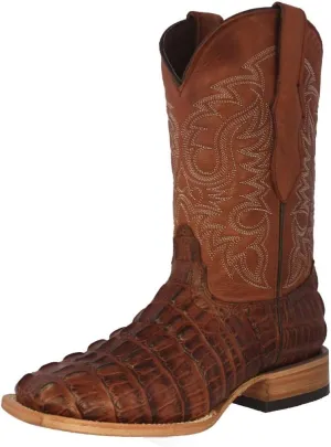 Mens Cognac Western Leather Cowboy Boot Crocodile Tail Print Square