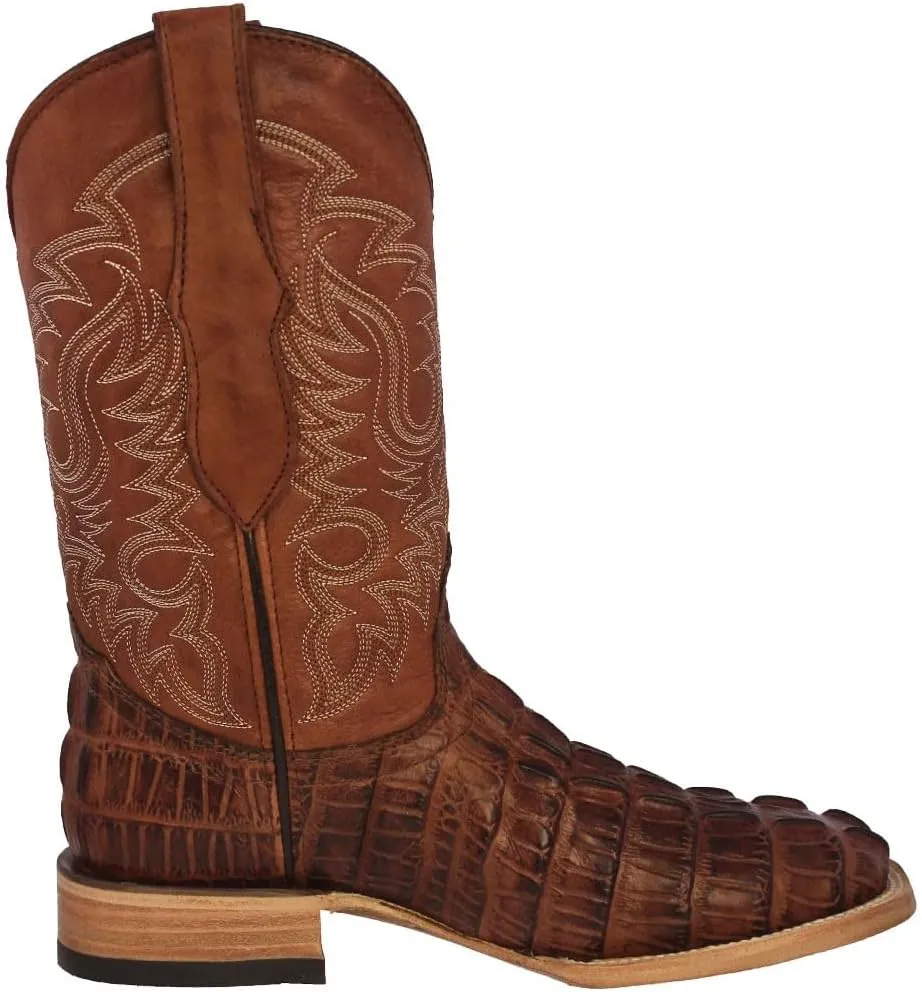Mens Cognac Western Leather Cowboy Boot Crocodile Tail Print Square