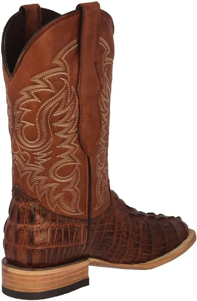 Mens Cognac Western Leather Cowboy Boot Crocodile Tail Print Square