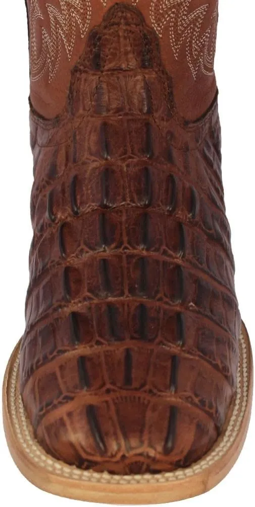 Mens Cognac Western Leather Cowboy Boot Crocodile Tail Print Square