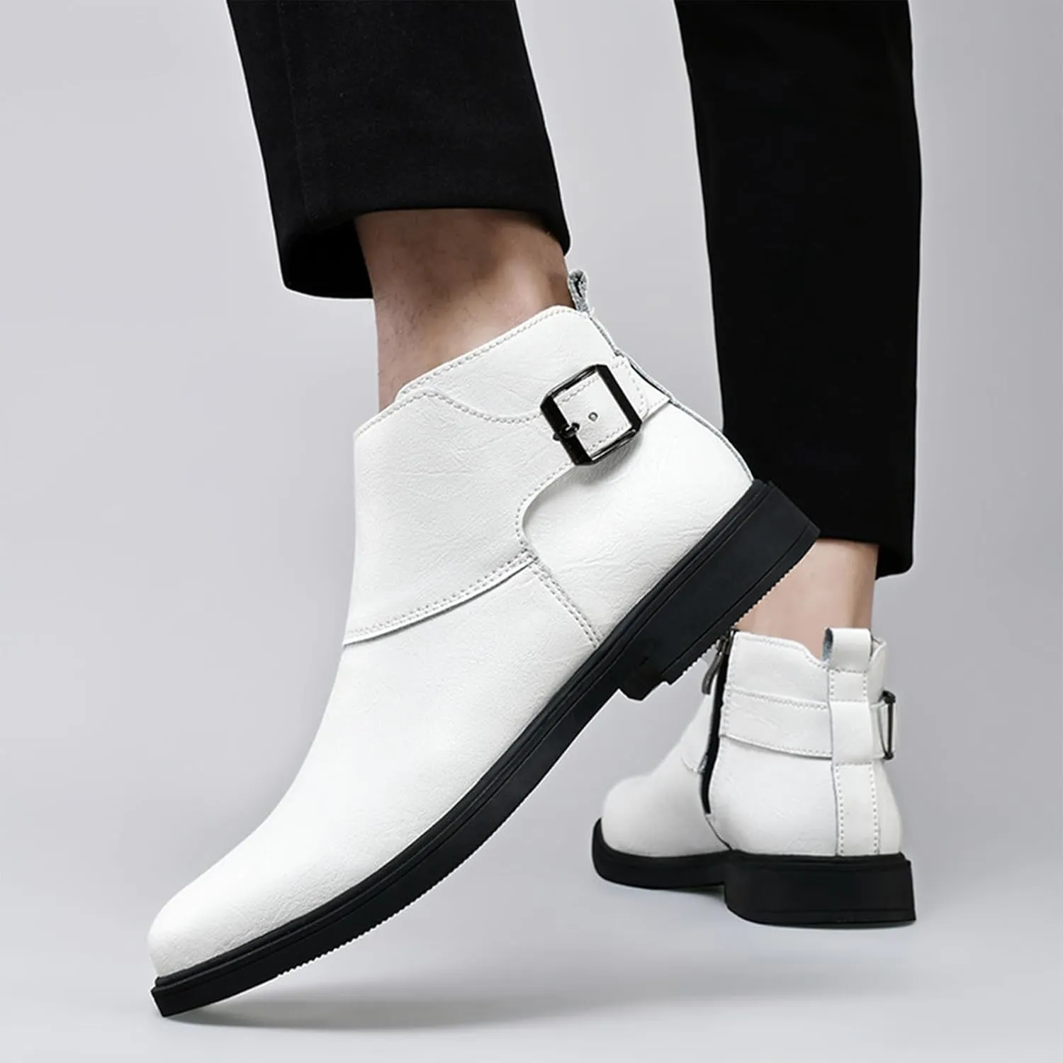 Men's Genuine Leather Pointed Toe Dress Chelsea Boots Adjustable Buckle Inner Zipper Ankle Boots Casual Formal Business Booties
