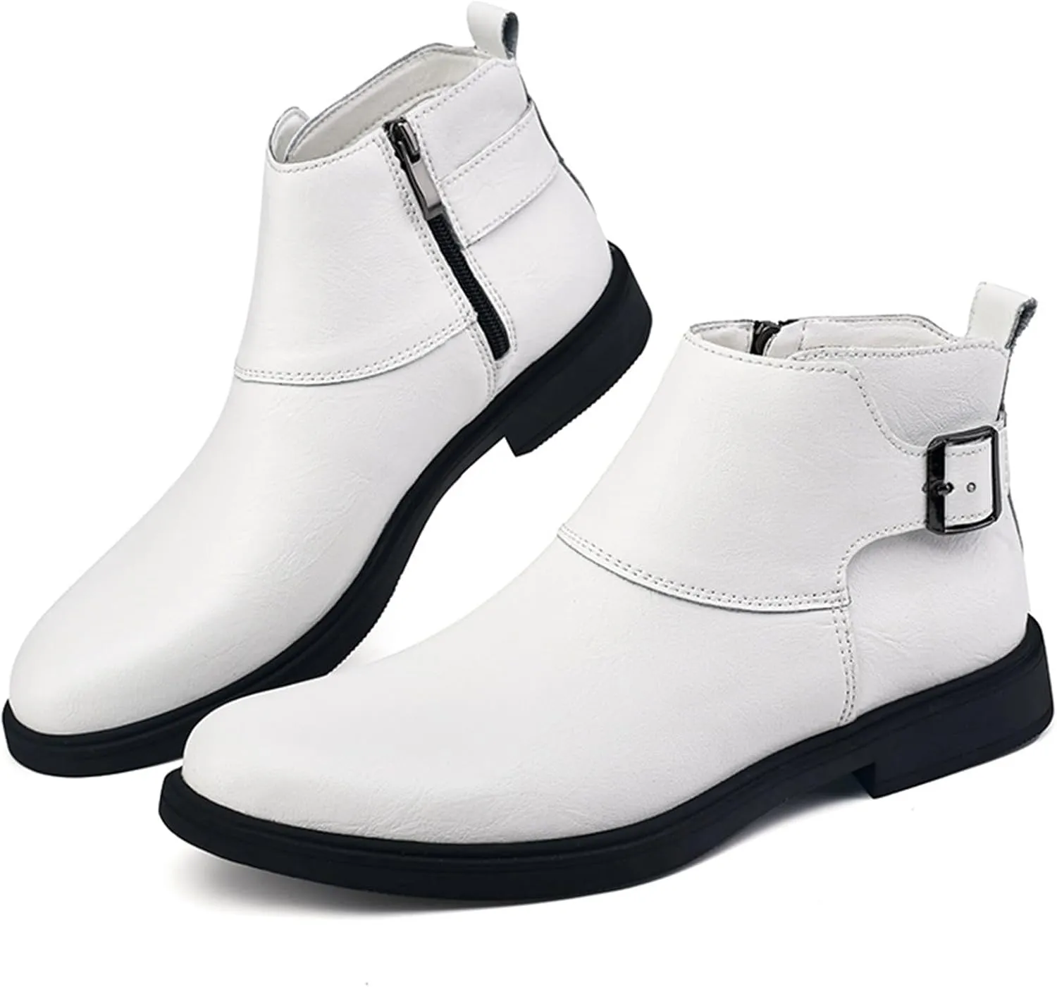 Men's Genuine Leather Pointed Toe Dress Chelsea Boots Adjustable Buckle Inner Zipper Ankle Boots Casual Formal Business Booties
