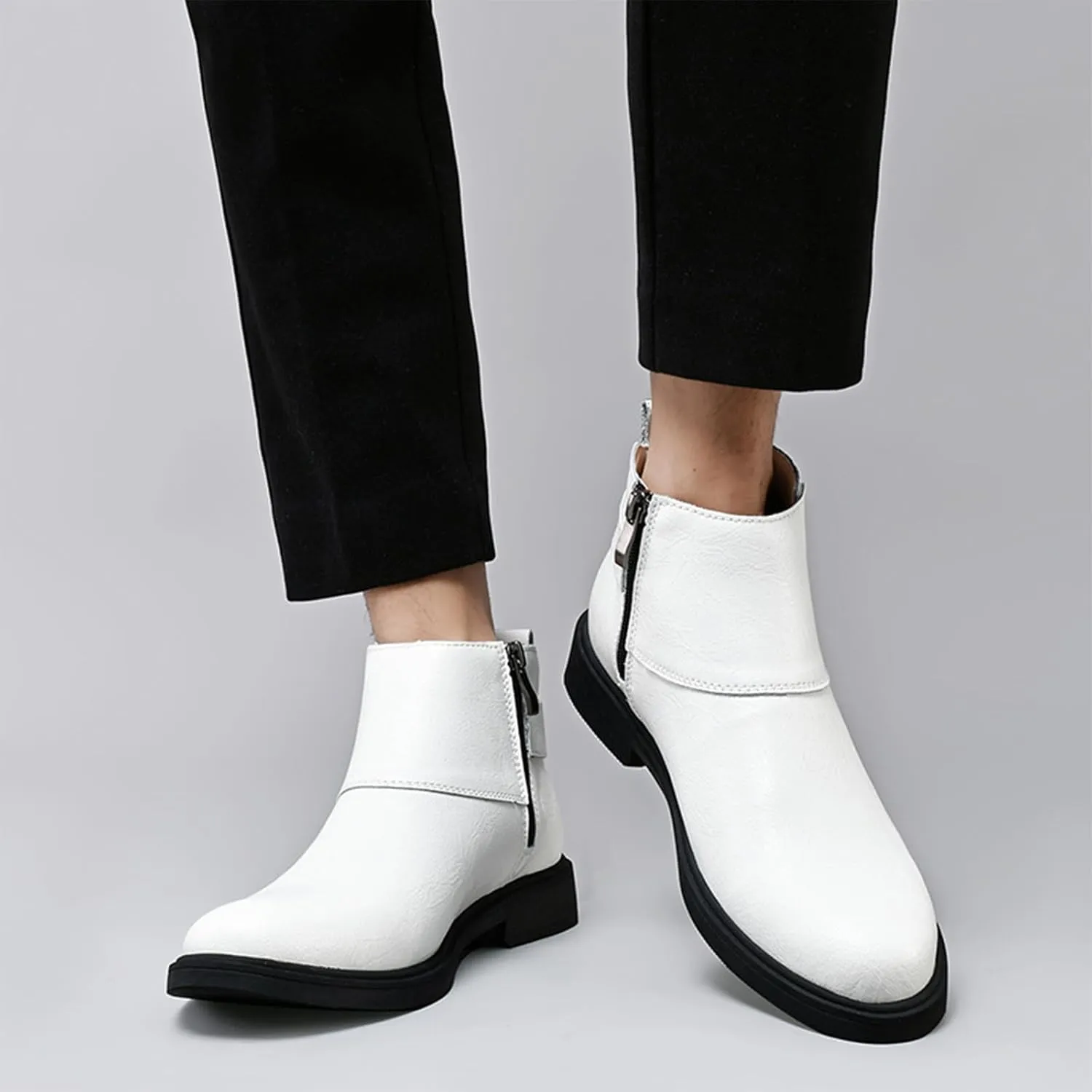 Men's Genuine Leather Pointed Toe Dress Chelsea Boots Adjustable Buckle Inner Zipper Ankle Boots Casual Formal Business Booties