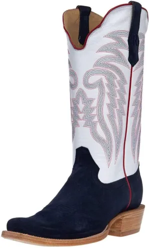 Men's Midnight Blue Roughout 13" Winter White Cowhide Top Cutter Toe Cowboy Boots Navy 11.5 D