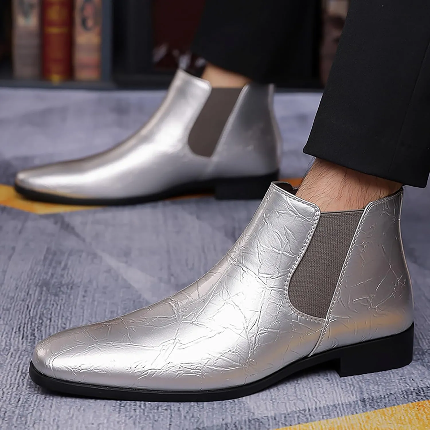 Men's Patent Leather Low Chunky Heel Chelsea Boots Fashion High Gloss Slip-on Business Dress Oxford Boots for Wedding Prom Party Business Work