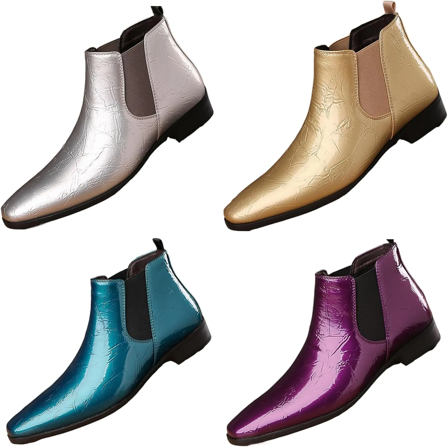 Men's Patent Leather Low Chunky Heel Chelsea Boots Fashion High Gloss Slip-on Business Dress Oxford Boots for Wedding Prom Party Business Work
