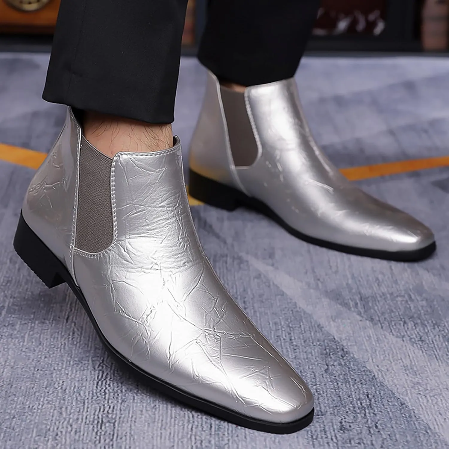 Men's Patent Leather Low Chunky Heel Chelsea Boots Fashion High Gloss Slip-on Business Dress Oxford Boots for Wedding Prom Party Business Work