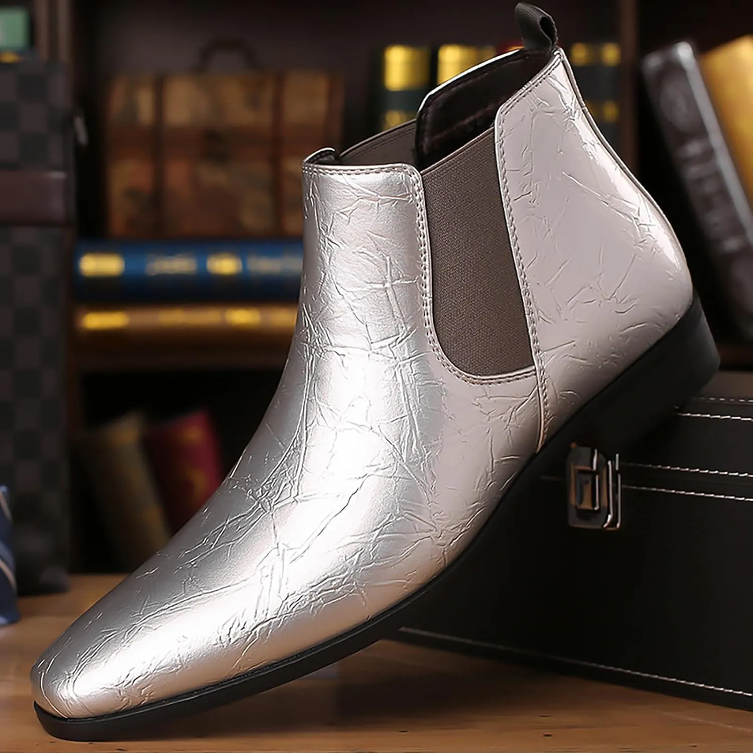 Men's Patent Leather Low Chunky Heel Chelsea Boots Fashion High Gloss Slip-on Business Dress Oxford Boots for Wedding Prom Party Business Work