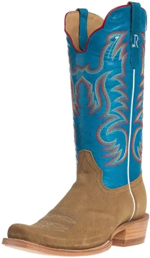 Men's Sand Roughout 13" Marine Blue Cowhide Top Cutter Toe Cowboy Boots Blue 7.5 D