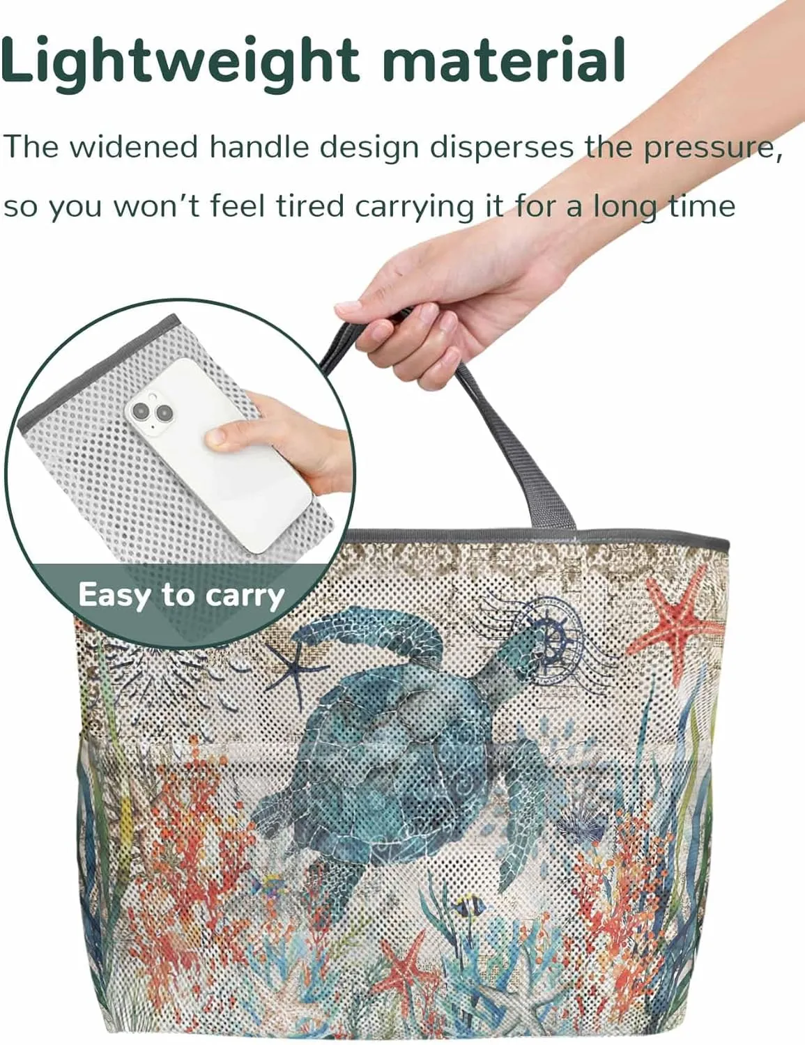 Mesh Beach Bag Oversized Tote Bags for Women Sea ​​turtle Starfish Coral Large Travel Pool Bags with 8 Pockets