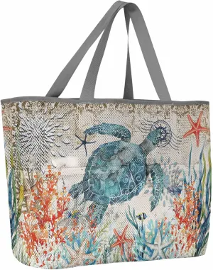 Mesh Beach Bag Oversized Tote Bags for Women Sea ​​turtle Starfish Coral Large Travel Pool Bags with 8 Pockets