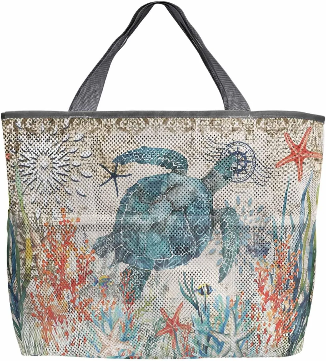 Mesh Beach Bag Oversized Tote Bags for Women Sea ​​turtle Starfish Coral Large Travel Pool Bags with 8 Pockets
