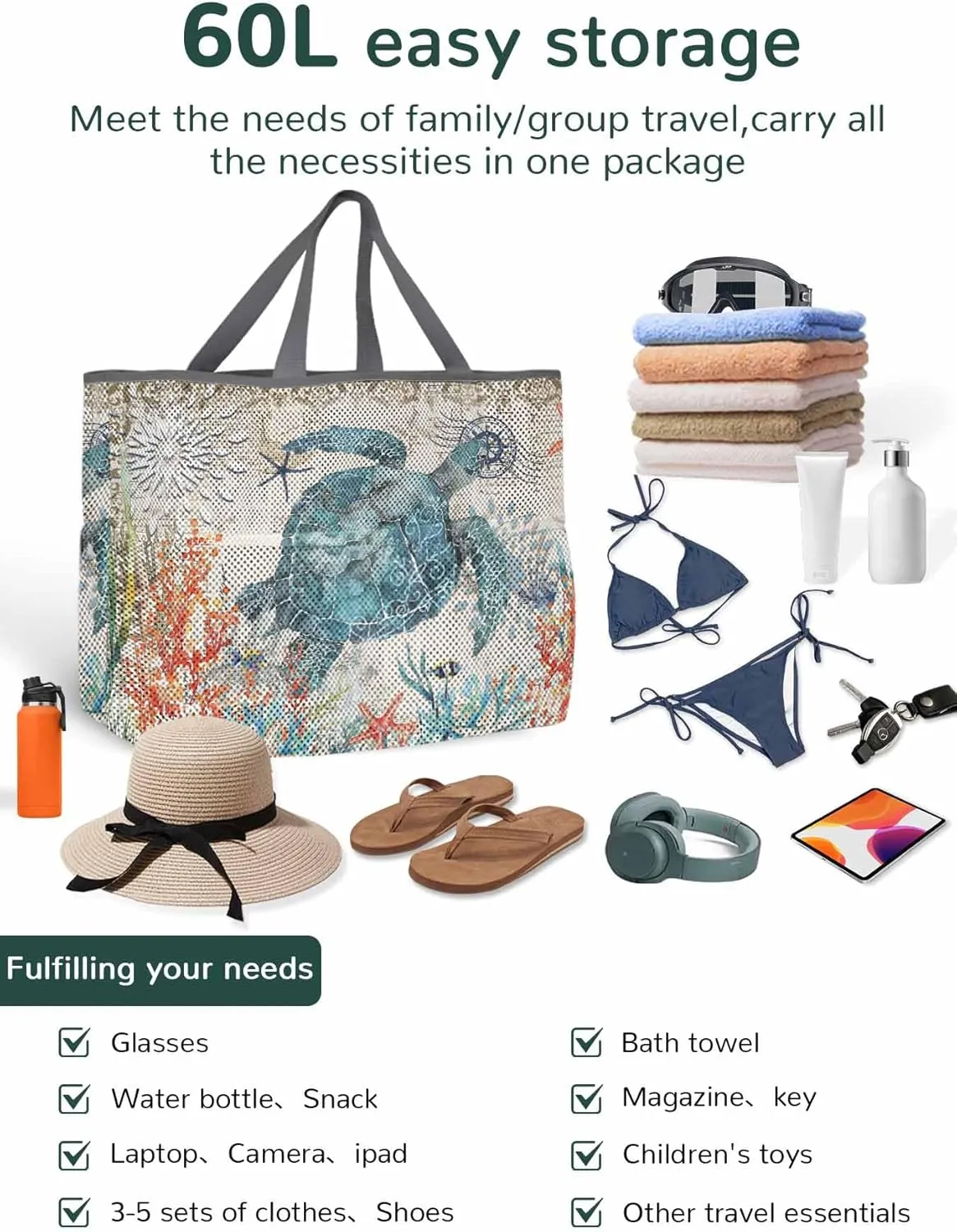 Mesh Beach Bag Oversized Tote Bags for Women Sea ​​turtle Starfish Coral Large Travel Pool Bags with 8 Pockets