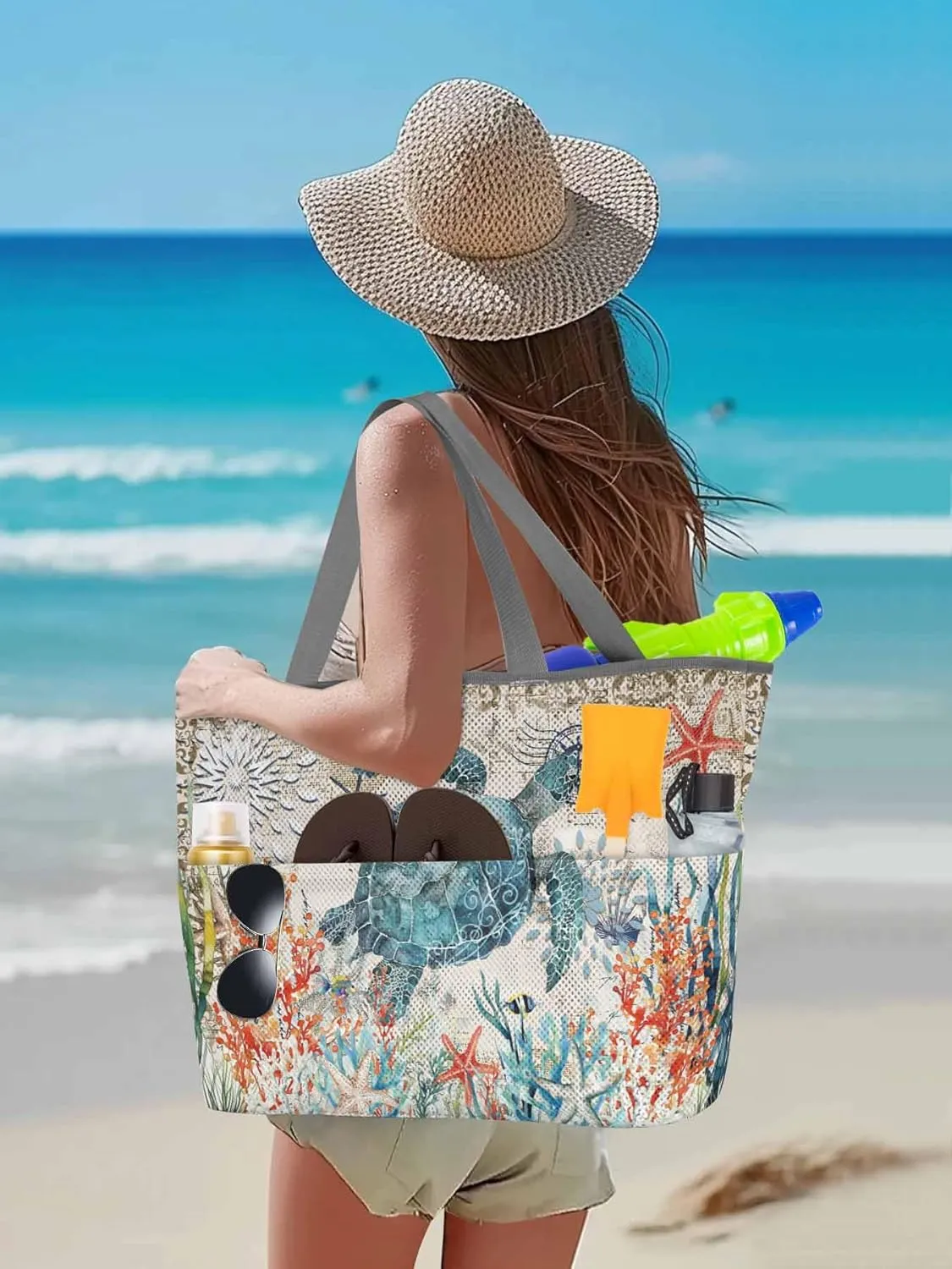 Mesh Beach Bag Oversized Tote Bags for Women Sea ​​turtle Starfish Coral Large Travel Pool Bags with 8 Pockets