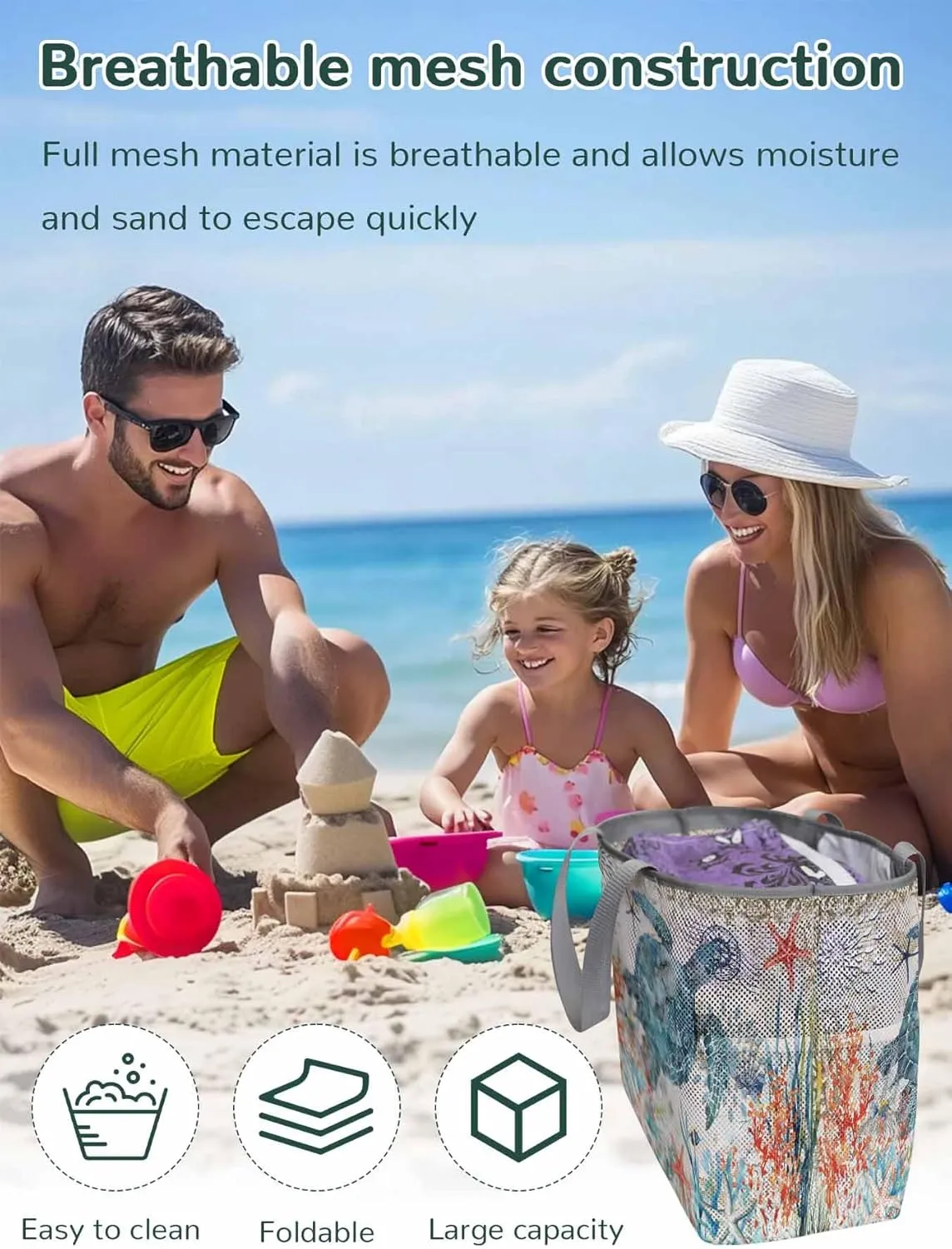 Mesh Beach Bag Oversized Tote Bags for Women Sea ​​turtle Starfish Coral Large Travel Pool Bags with 8 Pockets