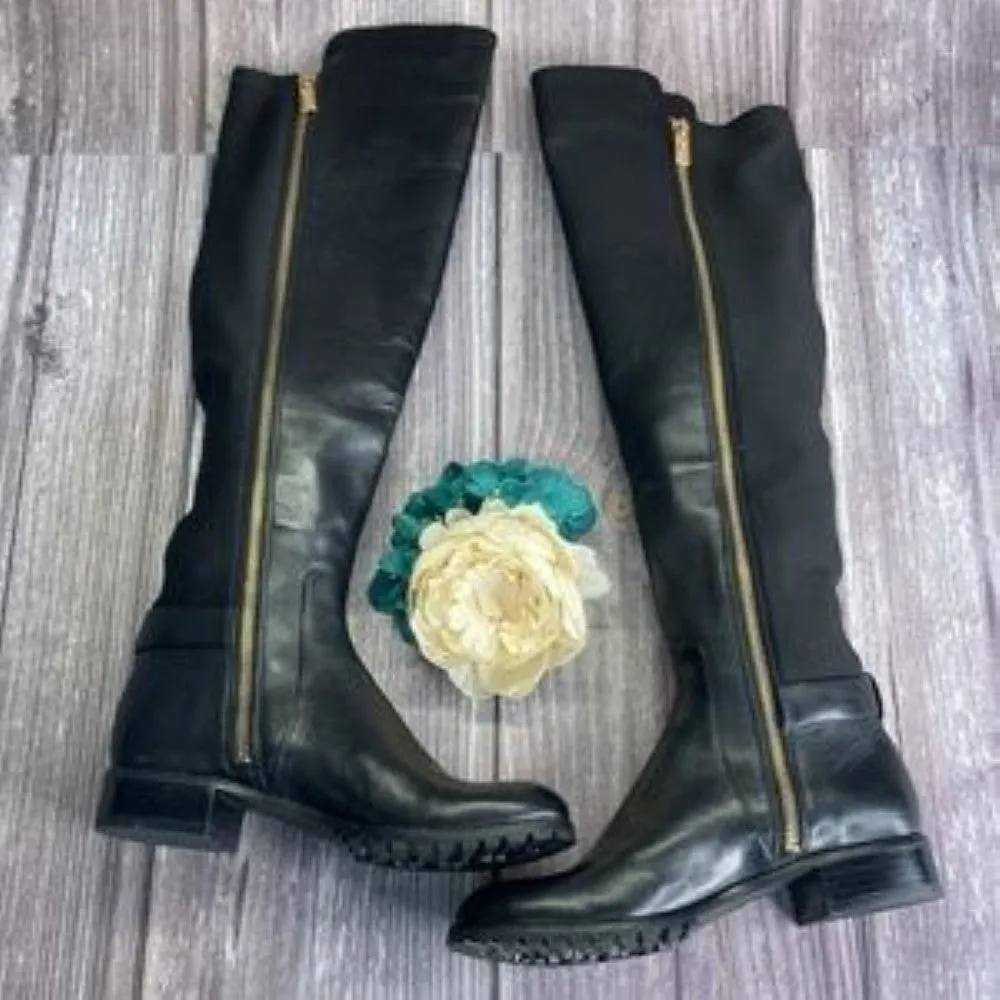 Michael Kors Side Logo Buckle Black Leather Riding Boots 5.5M