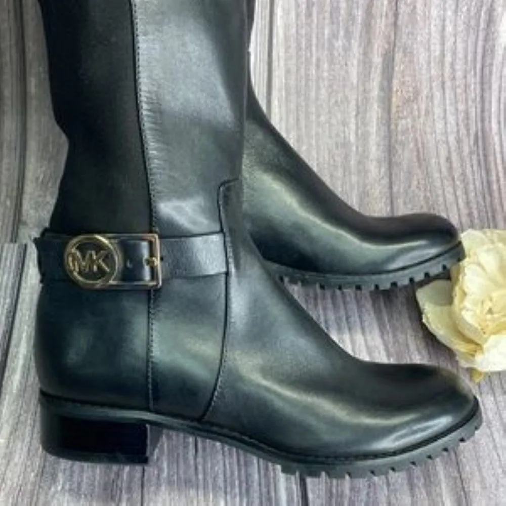 Michael Kors Side Logo Buckle Black Leather Riding Boots 5.5M