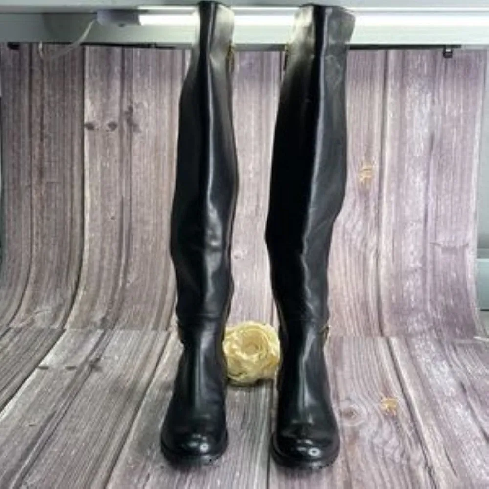 Michael Kors Side Logo Buckle Black Leather Riding Boots 5.5M