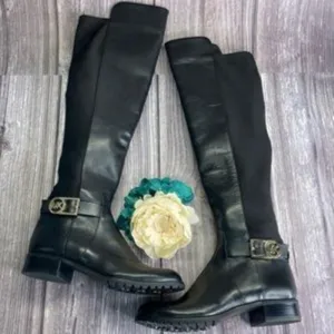 Michael Kors Side Logo Buckle Black Leather Riding Boots 5.5M