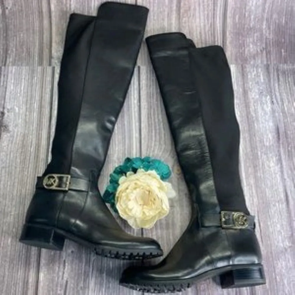 Michael Kors Side Logo Buckle Black Leather Riding Boots 5.5M