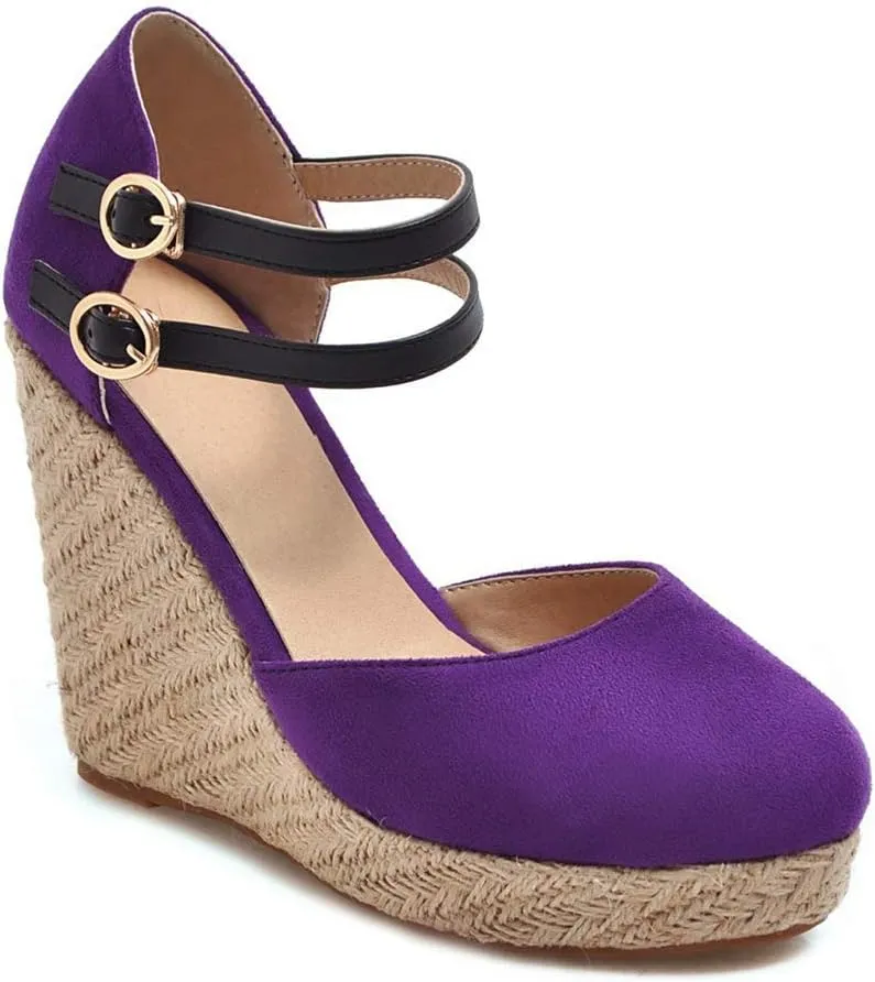 MIOKE Women's Espadrille Wedge Sandals Round Toe Buckle Ankle Strap Platform Chunky High Heel Dress Shoes