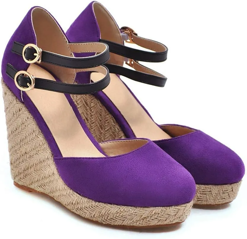 MIOKE Women's Espadrille Wedge Sandals Round Toe Buckle Ankle Strap Platform Chunky High Heel Dress Shoes