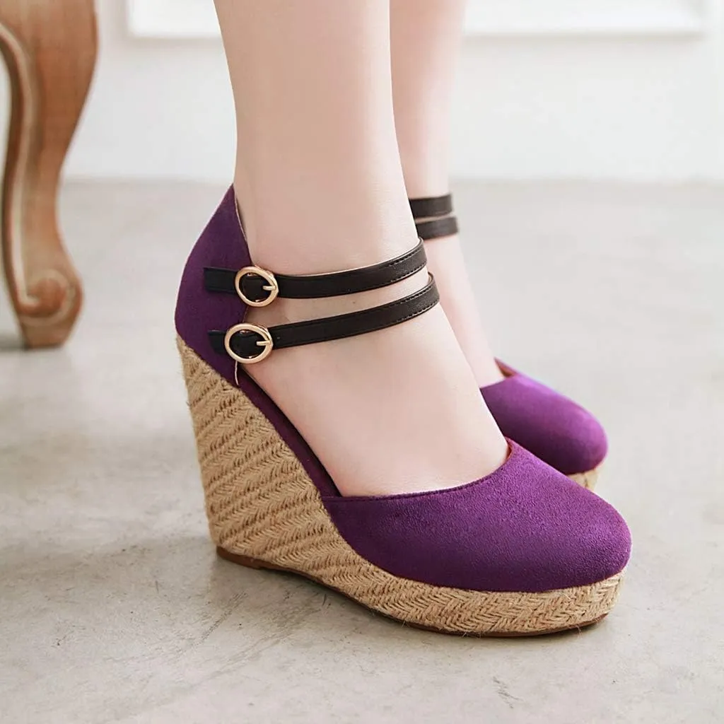 MIOKE Women's Espadrille Wedge Sandals Round Toe Buckle Ankle Strap Platform Chunky High Heel Dress Shoes