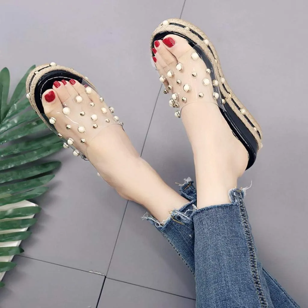MIOKE Women's Pearls Clear Platform Slide Sandals Espadrille Open Toe Slip On Thick Bottom Wedge Sandal