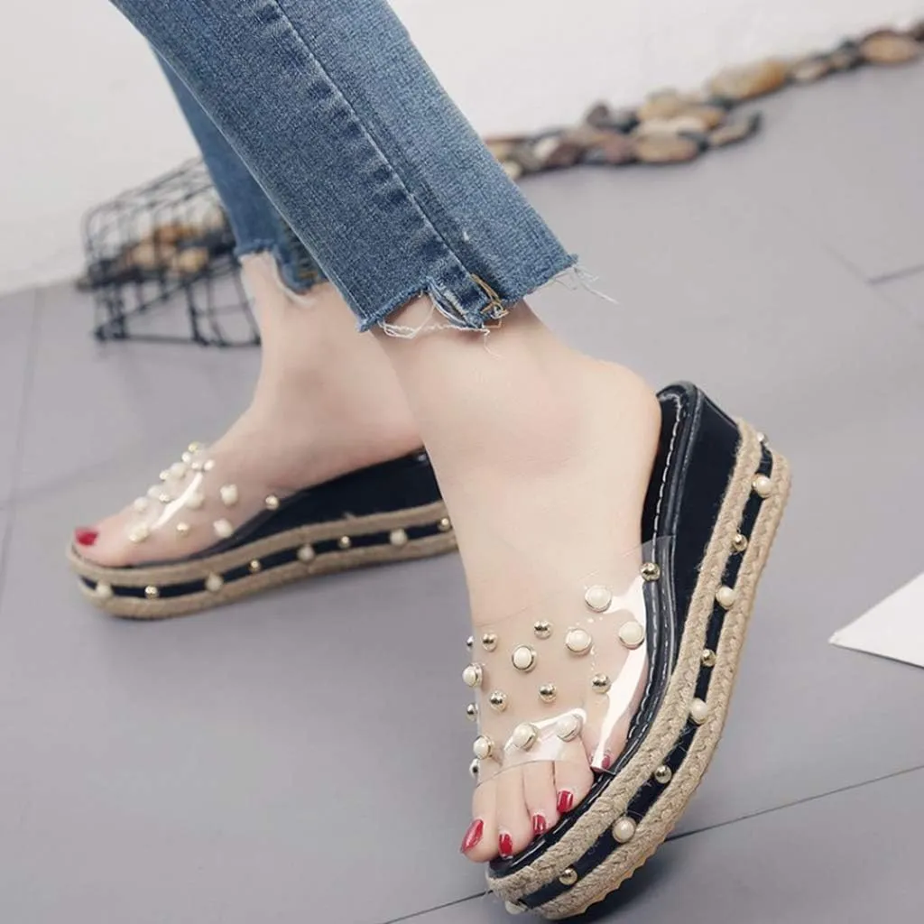 MIOKE Women's Pearls Clear Platform Slide Sandals Espadrille Open Toe Slip On Thick Bottom Wedge Sandal