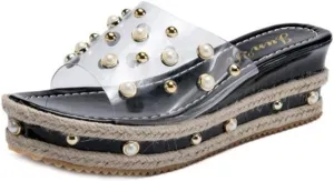 MIOKE Women's Pearls Clear Platform Slide Sandals Espadrille Open Toe Slip On Thick Bottom Wedge Sandal