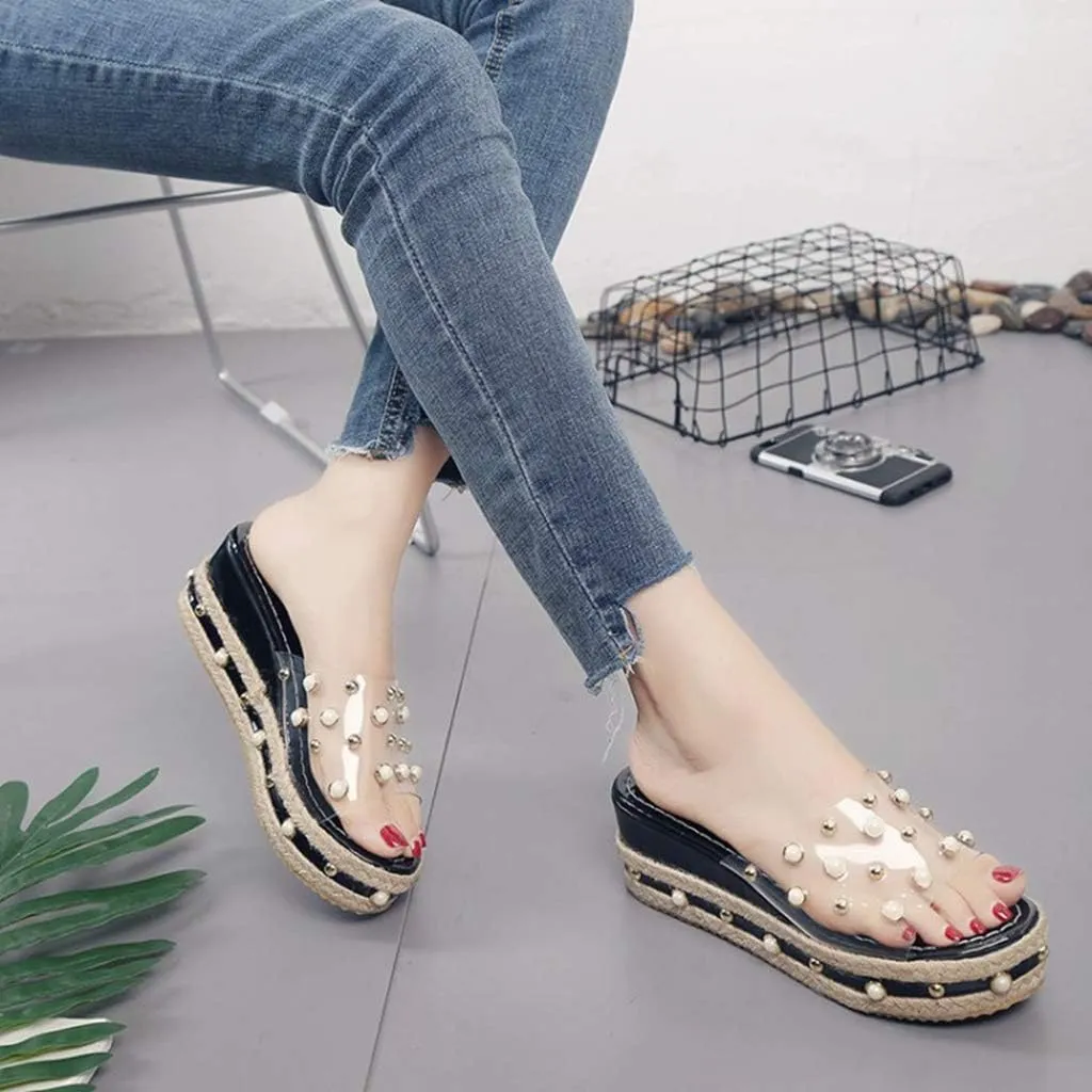 MIOKE Women's Pearls Clear Platform Slide Sandals Espadrille Open Toe Slip On Thick Bottom Wedge Sandal
