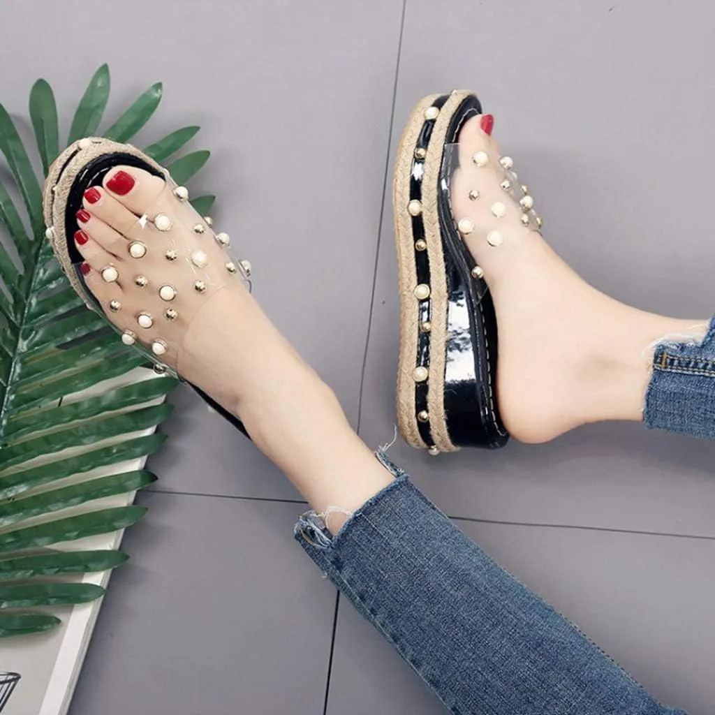 MIOKE Women's Pearls Clear Platform Slide Sandals Espadrille Open Toe Slip On Thick Bottom Wedge Sandal