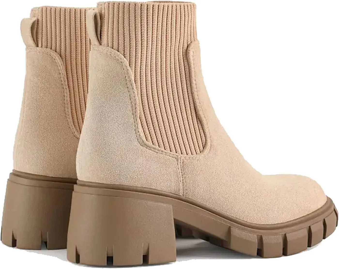 MOUSSE FIT Women's British Style Boots Elastic Chunky Heel Lug Sole Booties