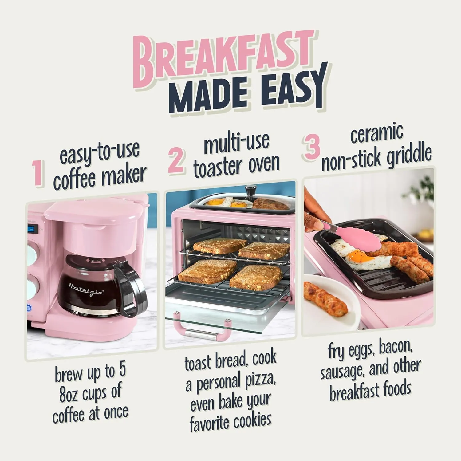 Nostalgia 3-in-1 Retro Breakfast Station - Includes 5 Cup Coffee Maker, Non-Stick Ceramic Griddle, and 4-Slice Toaster Oven - Built-In Timer, Reusable Coffee Filter, Space-Saving Design - Pink