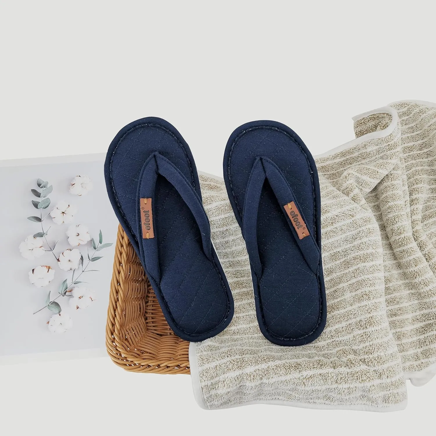 ofoot Women's Cozy Cotton House Slippers Thong Flip Flops Memory Foam Insole Open Toe Indoor Slip On Shoes
