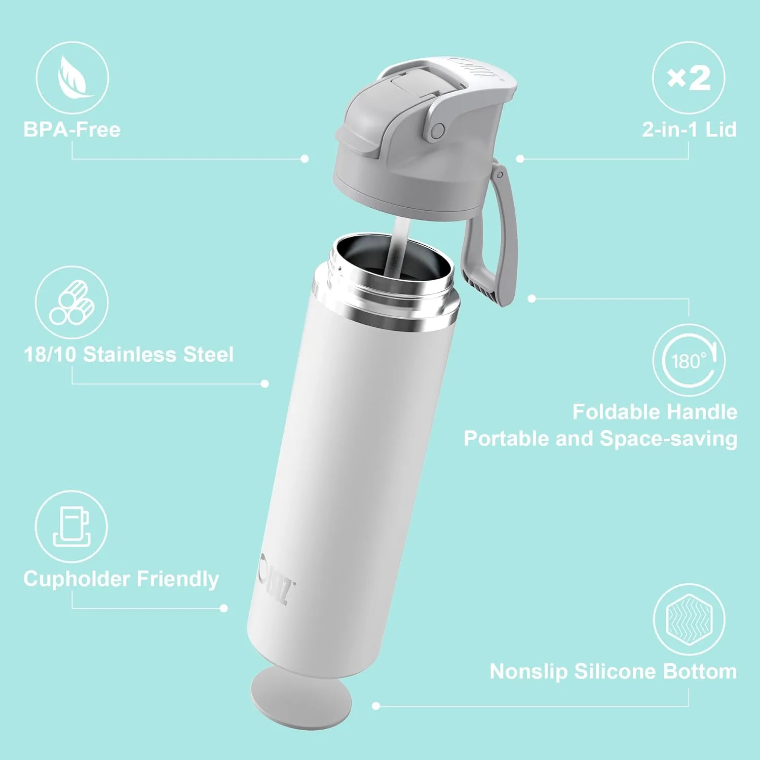 OISIZ Insulated Water Bottle 24 oz with 2-in-1 Straw and Swig Lid, Leakproof and BPA Free, Keep Cold 24H, Vacuum Stainless Steel Water Bottle for School, Travel and Sports, All Dishwasher Safe