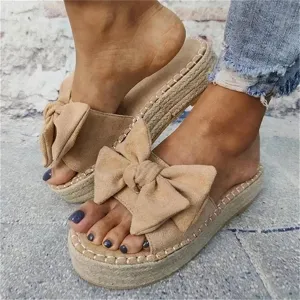 OMIREL Womens Espadrilles Slip on Wedge Sandals Slides Knot Bow Platform Open Toe Summer Mules Shoes Orthopedic Walking Slippers with Arch Support Anti-Slip Breathable Flip Flop,Yellow,US8.5/EU40
