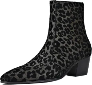 OSSTONE Men Chelsea Ankle Boots Leather Leopard Boot with Side Zipper Heel Boots OS-JY047-US-R