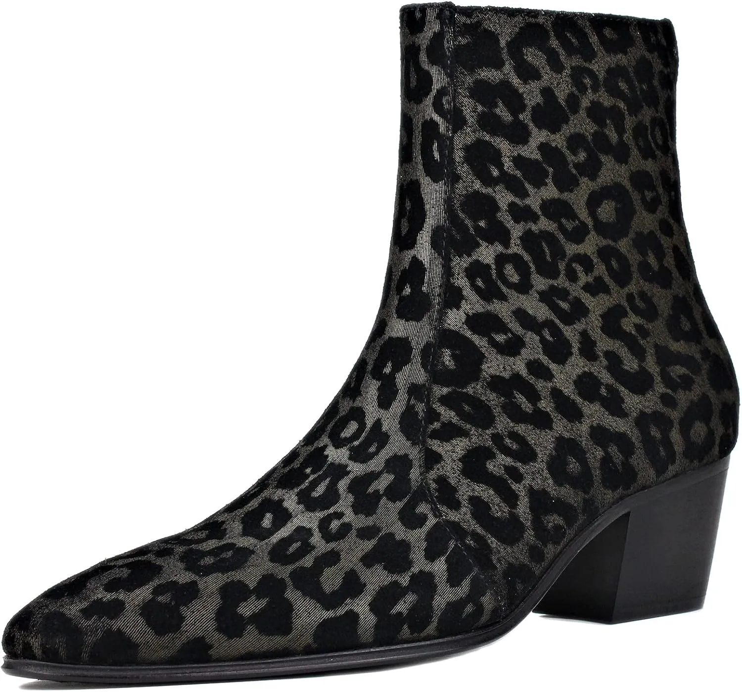 OSSTONE Men Chelsea Ankle Boots Leather Leopard Boot with Side Zipper Heel Boots OS-JY047-US-R