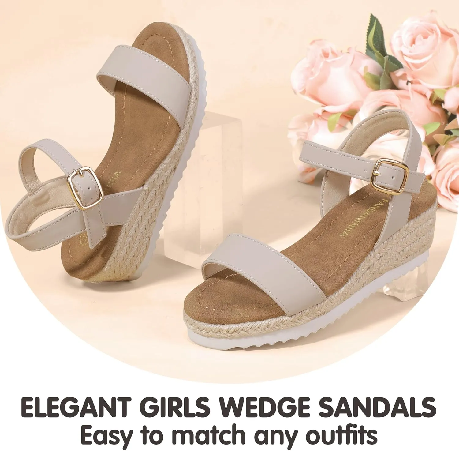 PANDANINJIA Girls Sandals Wedge Platform Espadrille Little Big Kid Girls Heels Open Toe Summer Dress Shoes
